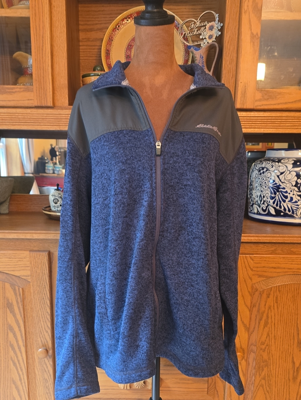 Eddie Bauer Men's Blue Full-Zip Knit Fleece with Dark Shoulder Panels